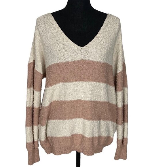 KNOX ROSE Striped Long Sleeve Sweater Chunky Pullover Tan Beige L 59-13 - Picture 1 of 9